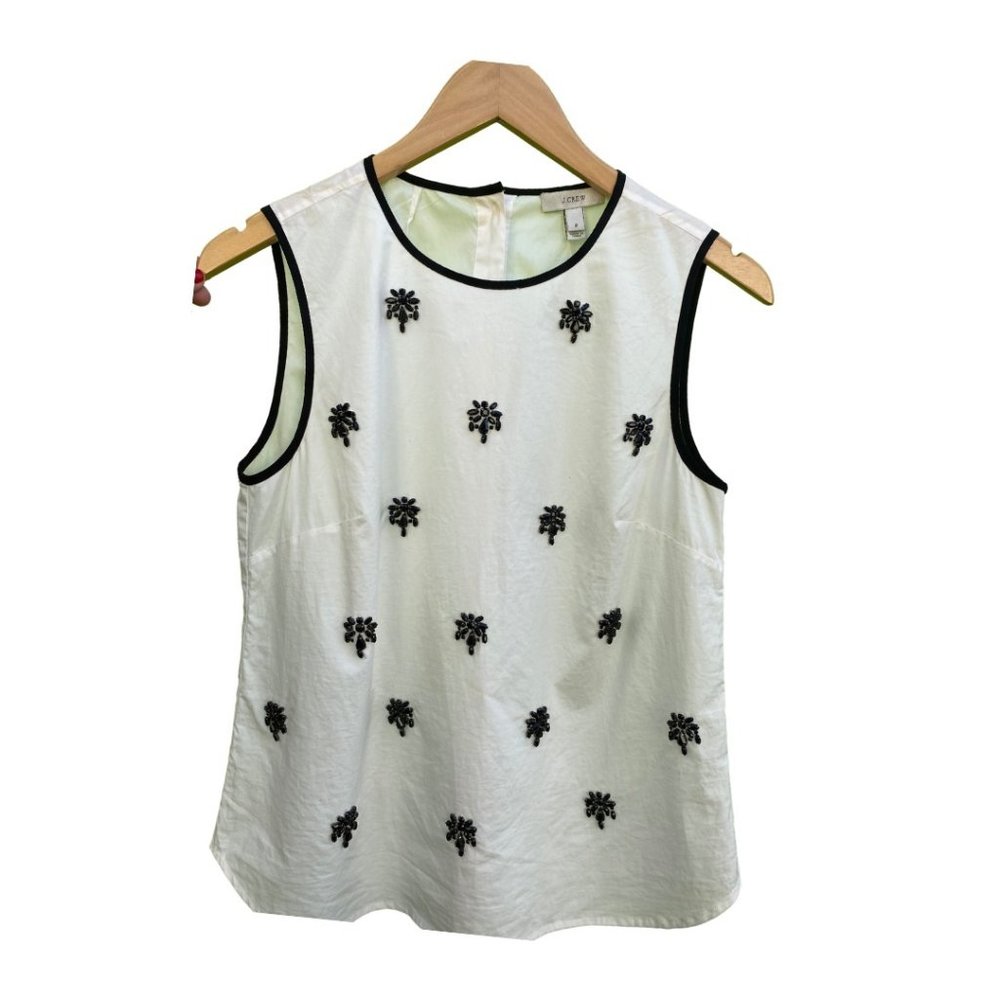 White J Crew Top Black Rhinestones Embroided